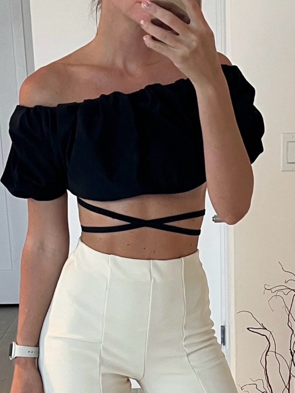 Zara Black Off-Shoulder Wrap Crop Top